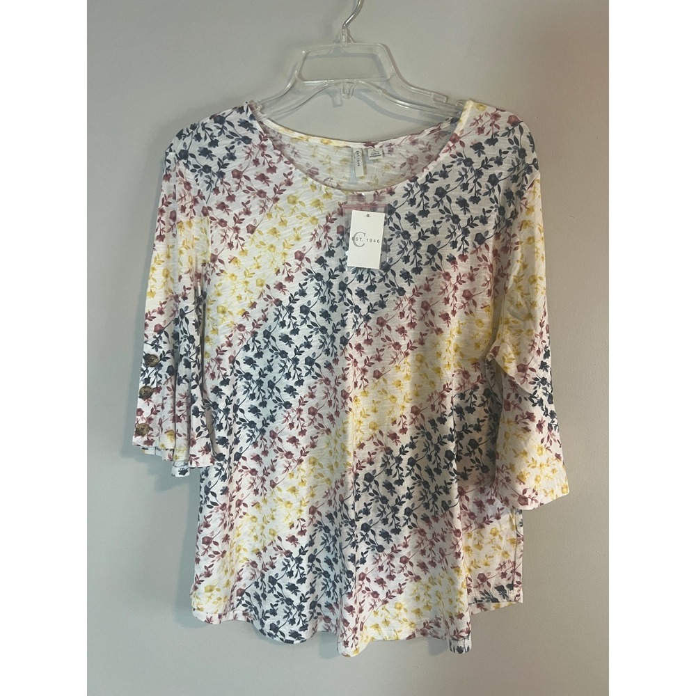 Cato‎ Floral Bell Sleeve Top Multi Color Knit Blouse NWT Womens L